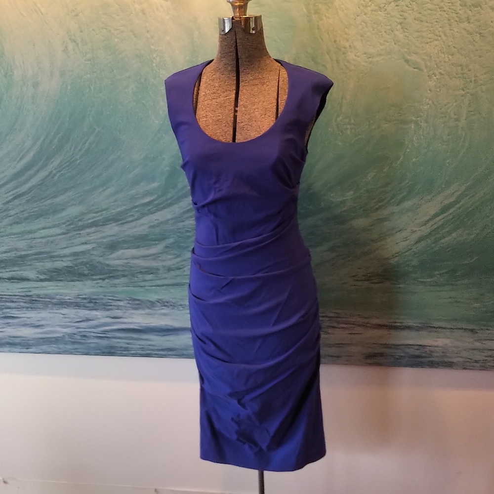 Royal blue form fitting ruched cocktail dress - Picture 3 of 6